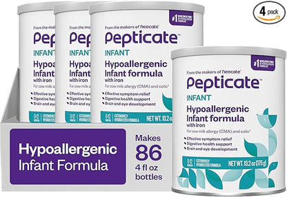 Pepticate Baby Formula, Hypoallergenic Powdered Infant Formula for Cow Milk Allergy, with Omega 3 DHA, ARA, Iron &amp; Prebiotics, 13.2oz (Pack of 4)