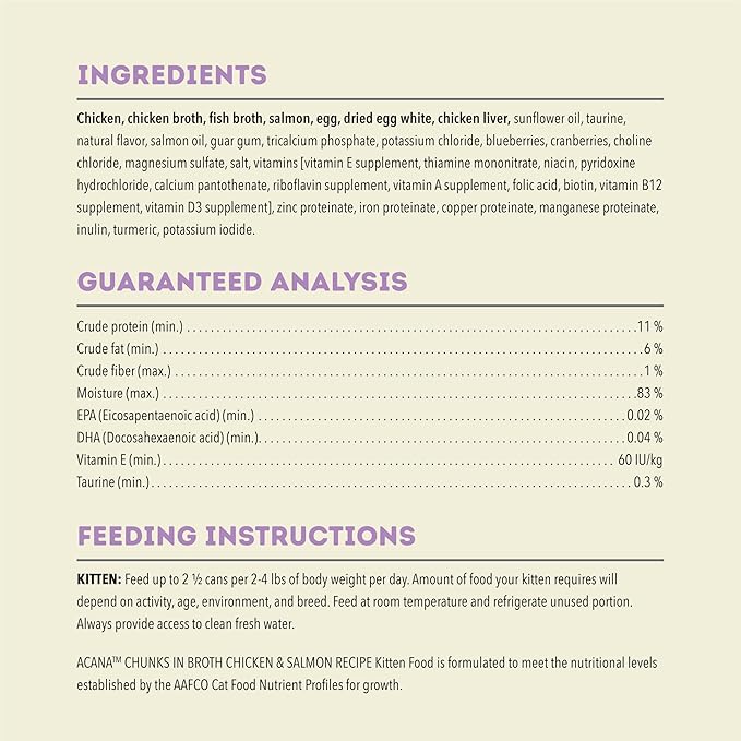 ACANA Chunks in Broth Wet Cat Food Chicken &amp; Salmon Recipe for Kittens 3oz Cans (12 Count)