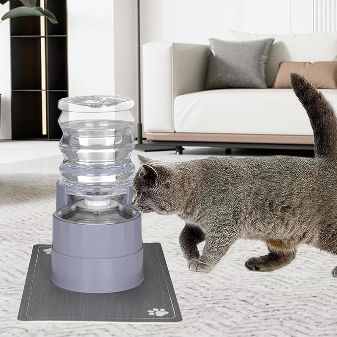 Sfozstra Automatic Gravity Water Dispenser: 5L Gray Stainless Steel Pet Bowl Waterer with Waterproof Pad - Raised Edge Water Feeder for Cats &amp; Small Dogs Indoor/Outdoor