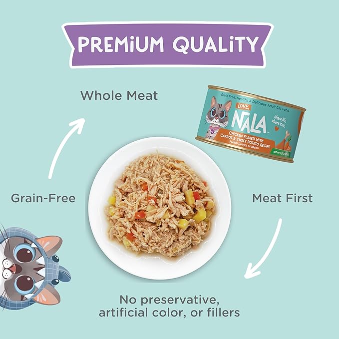 LOVE, NALA - FLAKED Fish &amp; Chicken Variety Pack - 24 Pack- Natural Adult Cat Wet Food - Grain Free, Non-GMO, Lean Protein, Omega 3, Digestive Fiber, Added Minerals &amp; Vitamins