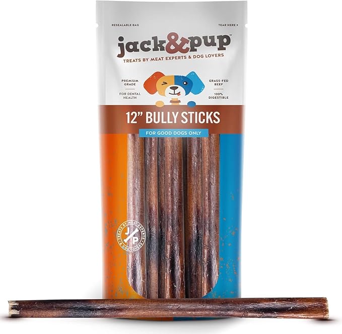 Jack&amp;Pup 12 Inch Bully Sticks for Large Dogs | Thick Odor Free Bully Sticks (3 Pack) Long Lasting Bully Sticks for Dogs