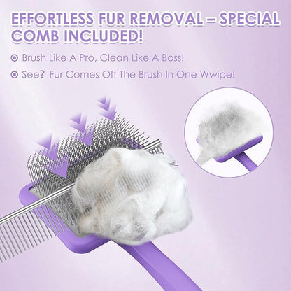 Large Slicker Brush for Dogs - 3PC Pet Grooming Kit - Undercoat Rake &amp; Stainless Comb | Long Pins Remove Mats on Poodles, Golden, Labradoodles | Thick Coat Deshedder for Dogs, Cats, Purple