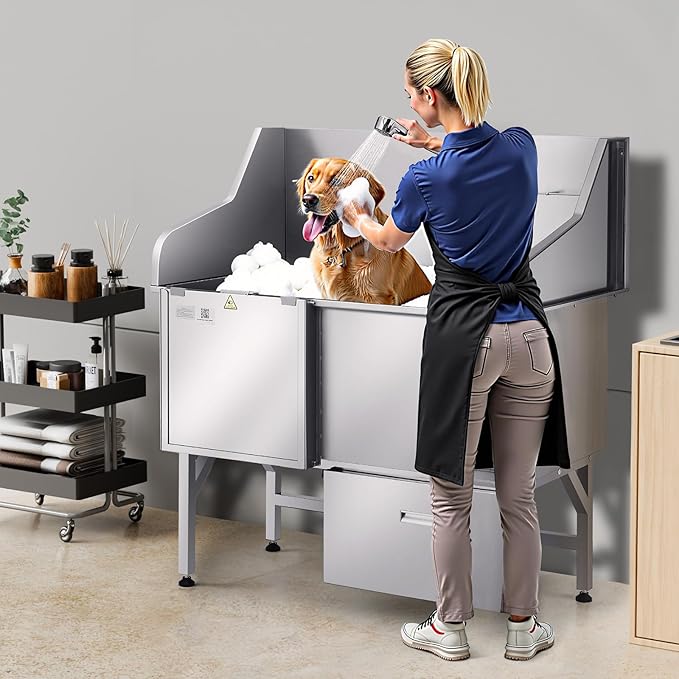 VEVOR Professional 304 Stainless Steel Dog Bathing Station, 50 inch Pet Grooming Tub w/Anti-Slip ramp, Storage Drawer, Cold Hot Faucet Showerhead, for Large &amp; Medium &amp; Small (Left Door, with Drawer)