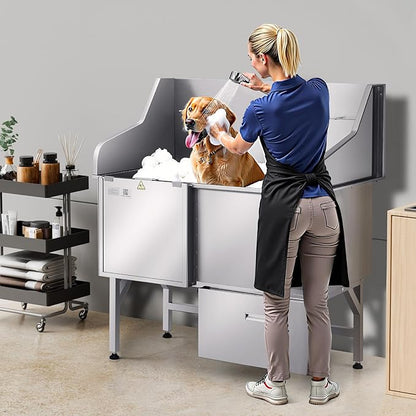 VEVOR Professional 304 Stainless Steel Dog Bathing Station, 50 inch Pet Grooming Tub w/Anti-Slip ramp, Storage Drawer, Cold Hot Faucet Showerhead, for Large &amp; Medium &amp; Small (Left Door, with Drawer)