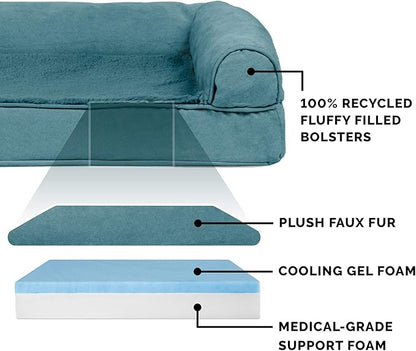 Furhaven Cooling Gel Dog Bed for Large Dogs w/ Removable Bolsters &amp; Washable Cover, For Dogs Up to 95 lbs - Plush &amp; Suede Sofa, Jumbo/XL
