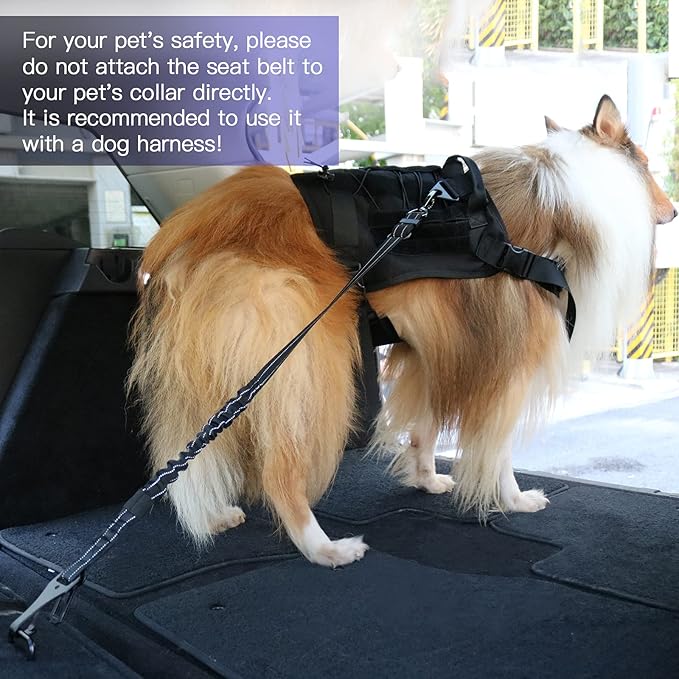 AUBELL Dog Seat Belt for Car,2 Pack Set 3-in-1 Adjustable Reflective Bungee Heavy Duty Dog Car Harness Tether with Clip Hook Latch &amp; Buckle,Swivel Zinc Alloy Carabiner,Black+Black