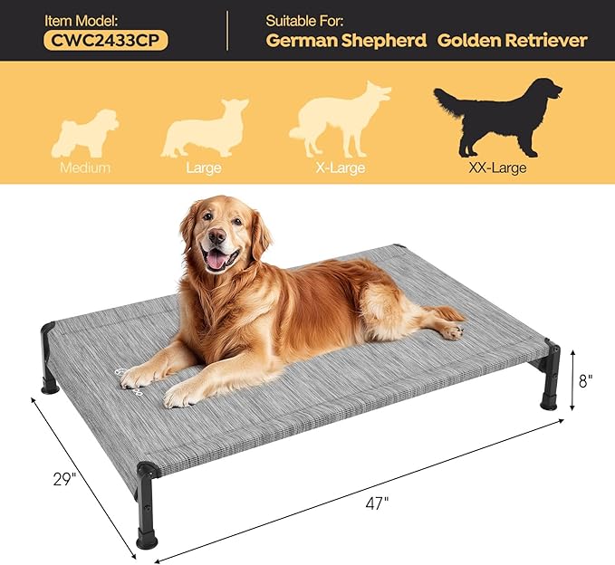 Veehoo Cooling Outdoor Dog Bed, Heavy Duty Elevated Pet Bed with Washable &amp; Breathable Teslin Mesh, Non-Slip Silicon Feet, Dog Cot Bed with Support Hem, 47" x 29", Black Silver, CWC2433