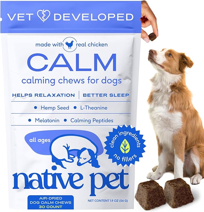 Native Pet Calming Chews for Dogs - Melatonin for Dogs Anxiety Relief - Grain Free All Natural Hemp Calming Treats &amp; L-Theanine Helps Manage Stress &amp; Separation Anxiety - Puppy Sleep Aid - 30 Chews