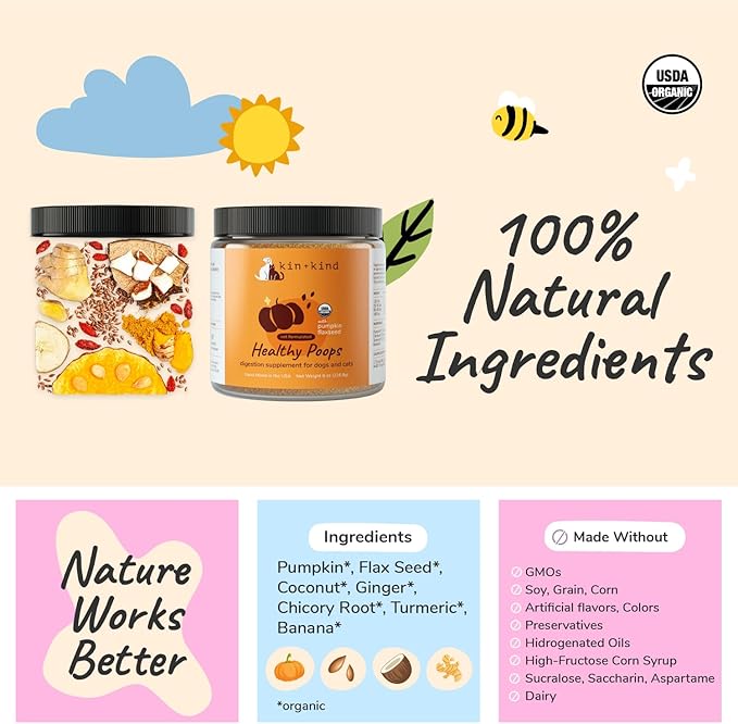 kin+kind Organic Supplements for Dogs&amp;Cats - Pumpkin Boost for Healthy Poops - Hip+Joint Supplement - Vet Formulated, Natural Formula - Made in USA - Poop | Hip+Joint M. (2 x 4 oz)