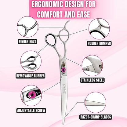Kenchii Love Dog Grooming Scissors, 8 Inch Curved Shears, Dog Scissors for Grooming, Professional Pet Grooming Scissors