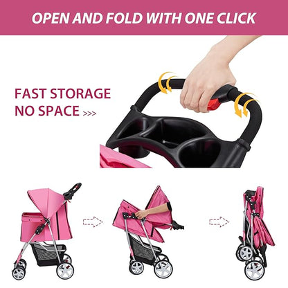 4 Wheels Pet Stroller for Small Medium Dogs Cats 10-33 lbs, Foldable Dog and Cat Stroller with Cup Holder &amp; Storage Basket &amp; Breathable Mesh, Pet Strolling Cart for All-Season, Pink