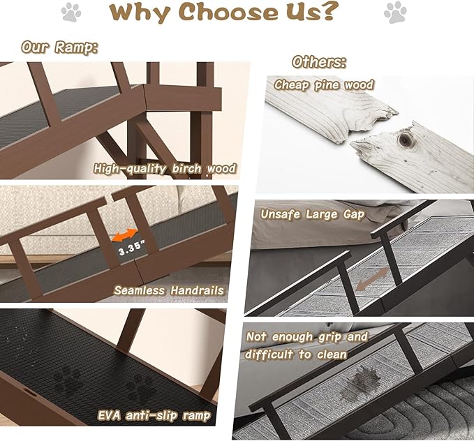 73" Dog Ramp for Bed, Pet Ramp with Removable Side Rail and Non-Slip Surface, Pet Ramp for Small &amp; Large &amp; Senior Dogs with Rest Platform and DIY Glow Strips,Dog Stairs for Couch, Brown