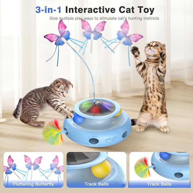 Automatic Interactive Cat Toys for Indoor Cats &amp; Bored Adults - Kitten Toys with Fluttering Butterfly, Ambush Feather &amp; Track Balls - Exercise &amp; Stimulation for Playful Cats (Sky Blue)