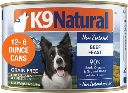 K9 Natural Wet Dog Food Pate, Beef Feast, 6 Oz Cans (Pack of 12), Grain Free, Made in New Zealand with Grass-Fed &amp; Finished Beef, Single Source, Limited Ingredient