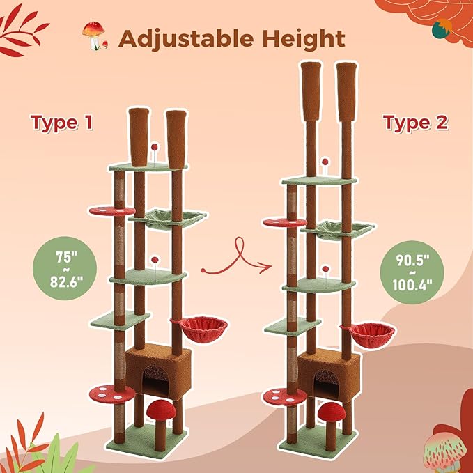 PEQULTI Mushroom Cat Tree Floor to Ceiling Cat Tower Adjustable Height (90.5&