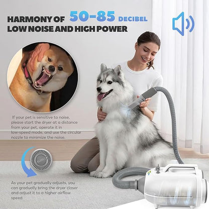 Dog Dryer for Pet Grooming Professional, 6HP/3500W High Velocity Blow Dryer for Dogs, Dual Motor Pet Dryer, Adjustable Temperature 95-125℉ &amp; Airflow 0-90 M/S, 2.5-7.5 FT Hose with 4 Nozzles