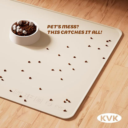 KVK Extra Extra Large Silicone Dog Food Mat 39.4×43.3in and 128oz Silicone Bag Set, Super Size Waterproof Pet Feeding Mat &amp; Container, Non-Slip, Chew-Resistant Floor Protection (Beige&amp;Yellow)