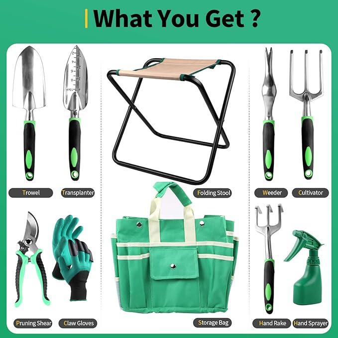 Kitness 9 PCS All-in-one Garden Tools Set Heavy Duty Cast-Aluminium Alloy Gardening Tools Kit with Folding Stool Seat&amp;Detachable Canvas Tool Bag Great Gifts for Gardening