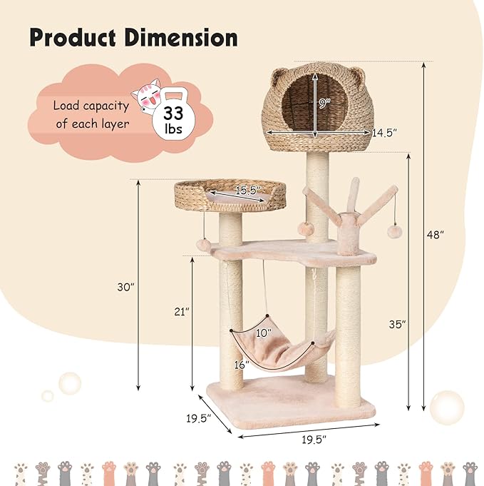 PETSITE Woven Cat Tree, Modern Cat Tower with Hammock &amp; Scratching Posts, Cattail Condo &amp; Top Perch, Cat Activity Tree for Indoor Cats