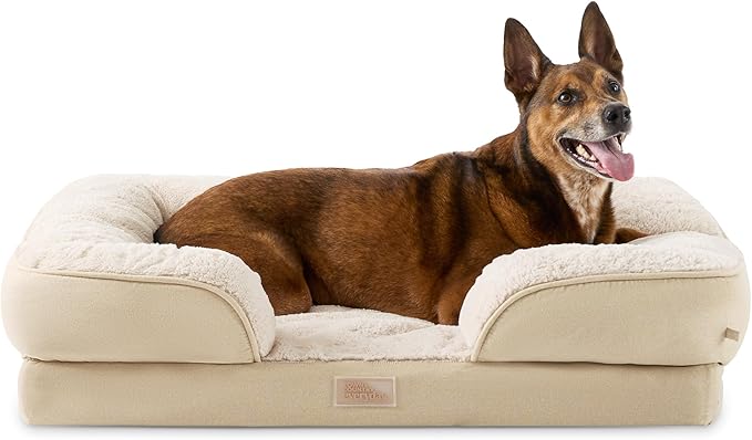 TOWN &amp; COUNTRY EVERYDAY CuddleTown Comfy Solid Bolster Sofa Pet Bed, Supportive &amp; Calming Egg Crate Foam, Non-Slip Bottom, Machine Washable Cover, Beige, Large 35"x25"x8"
