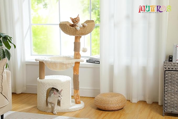 Modern Cat Tree for Large Cats, Wood Cat Tower for Indoor Cats, Real Branch Luxury Cat Furniture with Super Large Cozy Condo and Hammock &amp; Scratching Post, Top Basket, White
