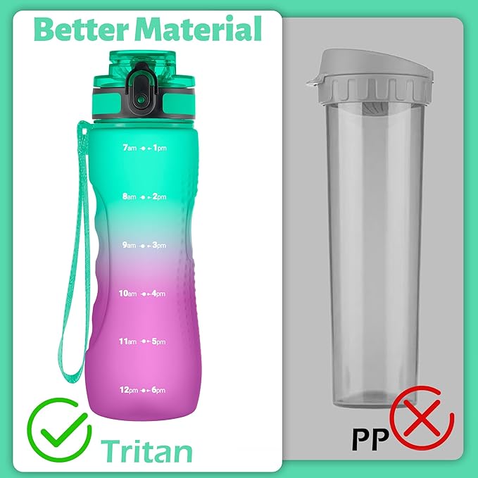 OLDLEY 25 oz Water Bottle, Motivational Water Bottle with Time Marker, Sports Water Bottle With Strap, Leakproof &amp; BPA Free Large Water Bottles for School, Gym, Travel, Outdoor, Tritan,Green&amp;Purple