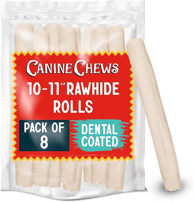 Canine Chews 10-11" Dental Coated Jumbo Rawhide Retriever Rolls (8 Pack) - Breath Freshening &amp; Long Lasting Dental Chews for Dogs Large Size - Teeth Cleaning Dog Treats for Aggressive Chewers