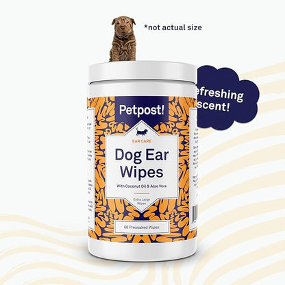 Petpost | Large Dog Ear Cleaner Wipes - Ultra Soft XL Cotton Pads in Coconut Oil Aloe Solution - Remedy for Dog Ear Rinse &amp; Cleanser 60 ct.