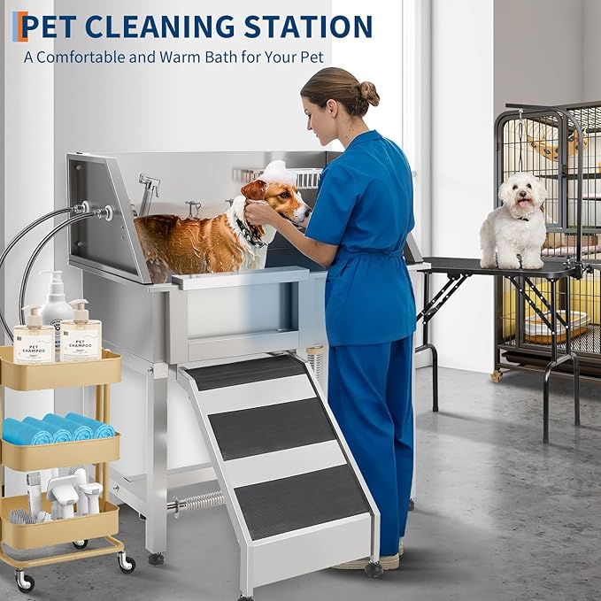 JoyJoy Stainless Steel Dog Washing Station - Dog Bath Tub for Large, Medium, Small Dogs, Pet Grooming Tub with Ramp, Non-Slip Grate, Shower, Soap Box, Faucet, Drain for Home &amp; Outdoor（38"）