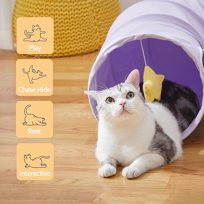 Cat Tunnel, Large Indoor Durable Collapsible Interactive Cat Tube with Peek-A-Boo Hole, Hanging Toys, and Crinkly Paper Lining - Cute Tunnel for Cats, Kittens, Puppies &amp; Rabbits, Purple