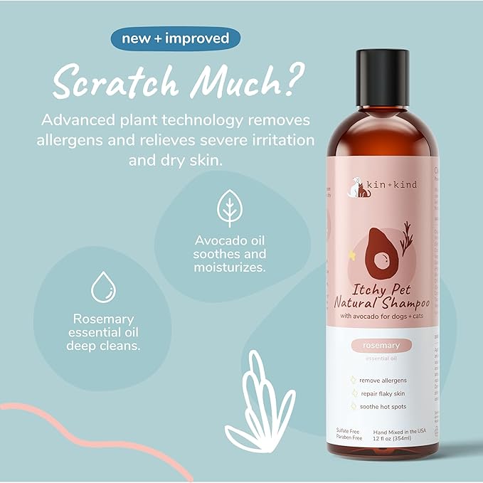 kin+kind Anti-Itch Dog &amp; Cat Shampoo for Itchy Skin and Allergies - Safe, Natural Formula with Olive, Coconut, and Avocado Oil - Made in The USA - Great for Dog Grooming and Cat Supplies (12 fl oz)
