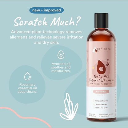 kin+kind Anti-Itch Dog &amp; Cat Shampoo for Itchy Skin and Allergies - Safe, Natural Formula with Olive, Coconut, and Avocado Oil - Made in The USA - Great for Dog Grooming and Cat Supplies (12 fl oz)
