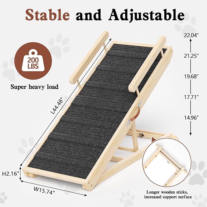 Dog Ramp for Bed, Couch, Car, Folding Pet Ramps 44.48" Long Adjustable 15"-22" Wooden Stairs with High Traction Mat &amp; Safety Side Rails for Small &amp; Medium Old Dogs &amp; Cats, up to 200 lbs