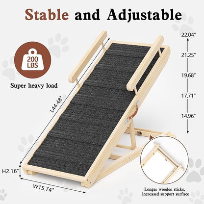 Dog Ramp for Bed, Couch, Car, Folding Pet Ramps 44.48" Long Adjustable 15"-22" Wooden Stairs with High Traction Mat &amp; Safety Side Rails for Small &amp; Medium Old Dogs &amp; Cats, up to 200 lbs