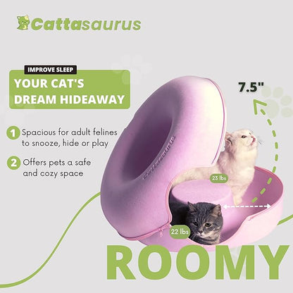 Cattasaurus Peekaboo Cat Cave for Multiple &amp; Large Cats Up to 30-45 Lbs, Scratch Detachable &amp; Washable Tunnel Bed, Comfy Donut Cat Cave (Pink, Large)
