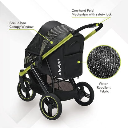 ibiyaya The Beast Pet Jogging Stroller for All Terrains, 3-Wheel Dog Carrier with Double Breaks, Zipperless Large Stroller for Running &amp; Hiking, Multiple Small Dogs, Medium Dogs, or Cats (Jet Black)