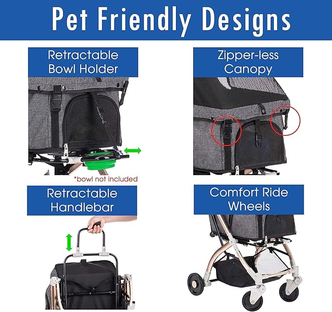 HPZ-PR America Pet Rover Lite Premium Light-Weight Dog/Cat/Pet Stroller Travel Carriage with Convertible Compartment/Aluminum Frame for Small &amp; Medium Pets (Gray 2nd-Gen.)