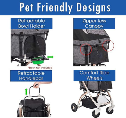 HPZ-PR America Pet Rover Lite Premium Light-Weight Dog/Cat/Pet Stroller Travel Carriage with Convertible Compartment/Aluminum Frame for Small &amp; Medium Pets (Gray 2nd-Gen.)