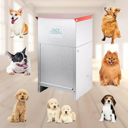 Dog Feeder - Galvanized Metal Pet Food Station for Indoor &amp; Outdoor Use - Automatic Gravity-Fed Dispenser Suitable for Small, Medium, and Large Dog Breeds - Capacity: 25 Pounds of Dry Kibble