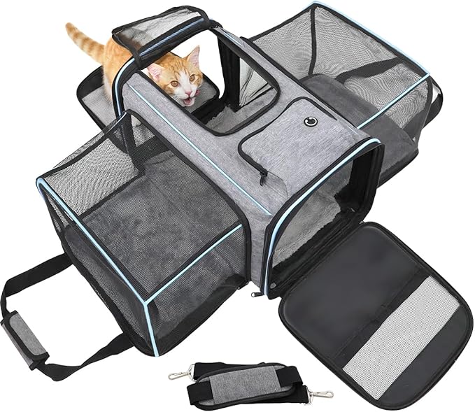 Expandable Travel Pet Bag, Scratch-Resistant Breathable Mesh, Crossbody&amp;Tote Design, Durable&amp;Spacious, Pet Carrier with High-Visibility Windows, Easy-Cleaning Fabric, Removable Soft Pad&amp;Shoulder Strap
