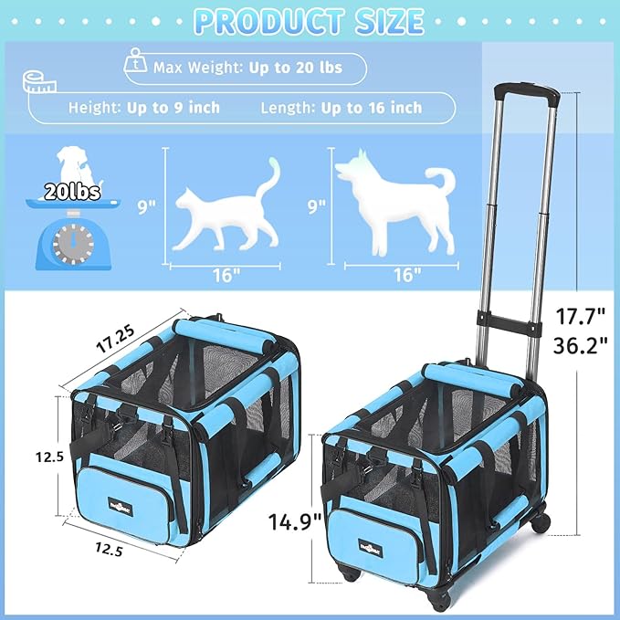 Pet Carrier with Wheels, Durable Airline Approved Cat Crate, Foldable Rolling Dog Carrier, Cat Rolling Bag for Cat &amp;Dog, Use for Travel, Outdoor, Vet Visits, Camping, Indoor. Blue.