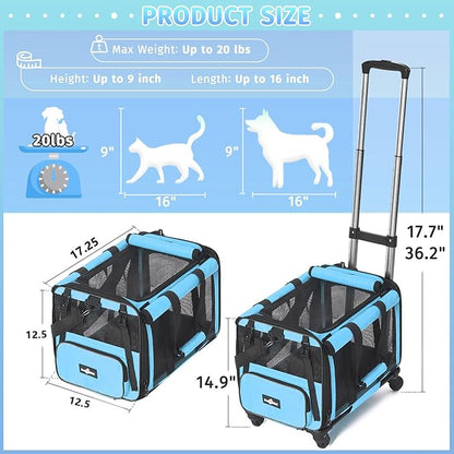 Pet Carrier with Wheels, Durable Airline Approved Cat Crate, Foldable Rolling Dog Carrier, Cat Rolling Bag for Cat &amp;Dog, Use for Travel, Outdoor, Vet Visits, Camping, Indoor. Blue.