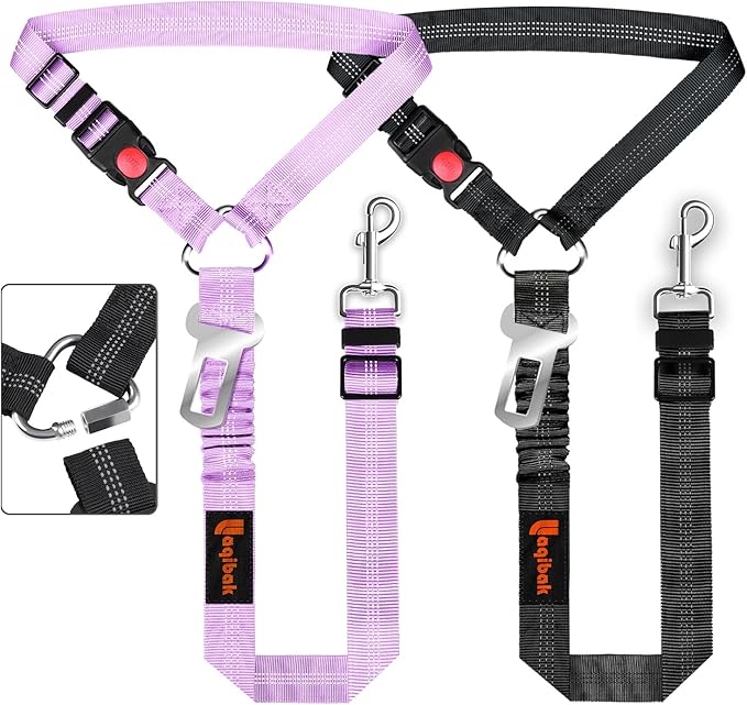 Removable Dog Seat Belt Harness for Car, 3 in 1 Pet Dog Car Seatbelt Leash, Retractable Restraint Secures to Vehicle Headrest &amp; Adjustable Reflective Bungee Dog Seatbelt Tether, Purple and Black