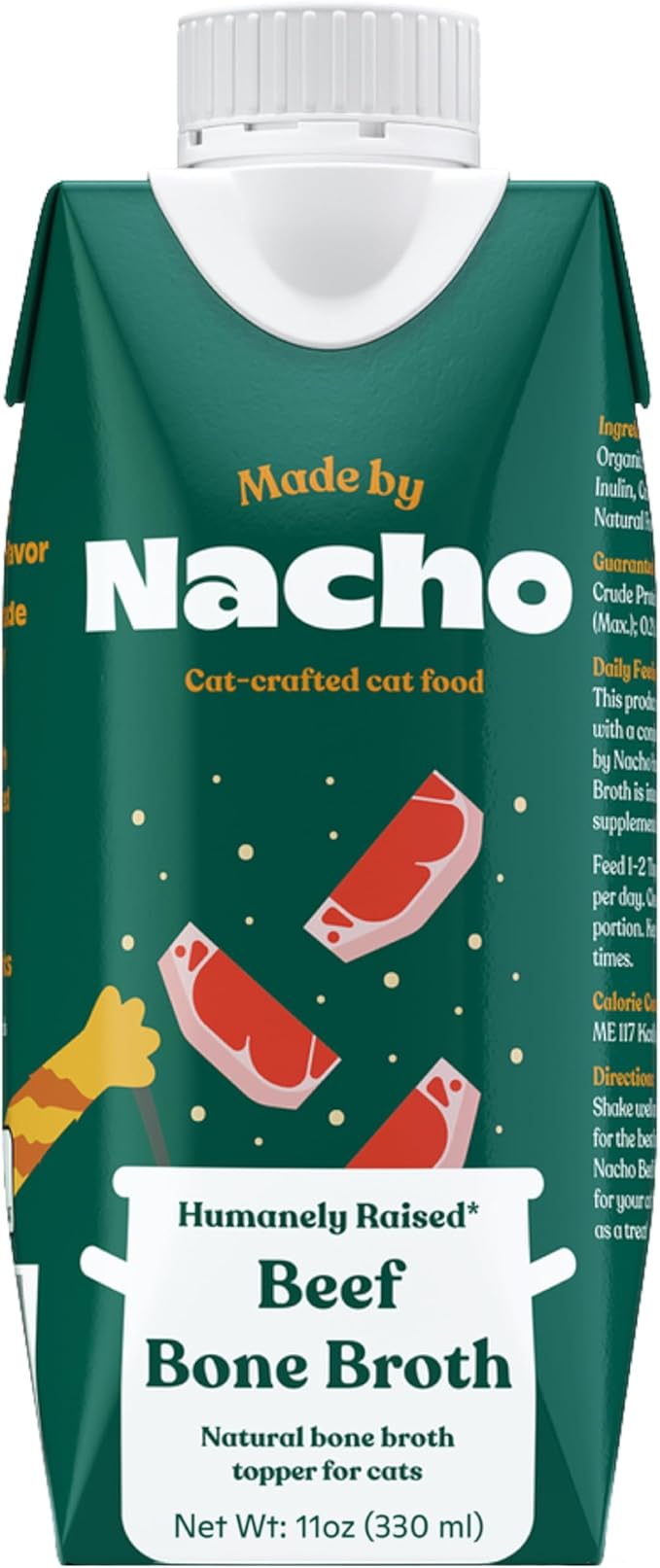 Made by Nacho Bone Broth Cat Food Topper for Hydration and Picky Eaters - Add Protein and Flavor to Your Dry Cat Food – Supports Optimal Nutrition, Digestion, Skin &amp; Coat, 11 oz. (Pack of 4), Beef