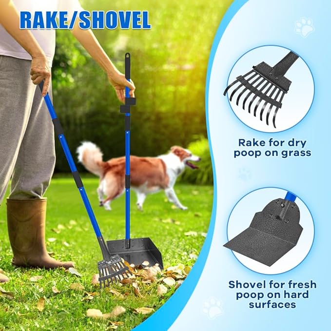 Larger Pooper Scooper Dog Pooper Scooper for Large Medium Small Dogs Heavy Duty Stainless Steel No Bending with Rake &amp; Shovel &amp; Extra Large Tray for Yard