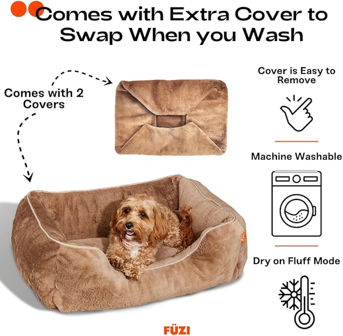 FUZI Luxury Dog Bed with Extra Cover for Small Dogs, Washable Pet Couch, Pet Bed with Sides, Non-Slip Bottom, Soft &amp; Durable Calming Dog Bed, Faux Rabbit Fur, Small 25.1x16.75x9.5 Light Brown