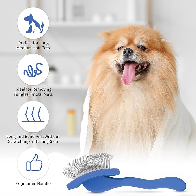 Slicker Brush for Dogs, Long Pin Dog Grooming Brush for Goldendoodles, Poodles, Doodles &amp; More, Includes Bonus Pet Comb, Perfect for De-Shedding, Dematting &amp; Reducing Tangles. Large, Blue