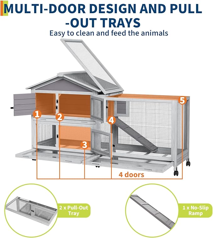 2-Tier Rabbit &amp; Chicken House Mobile,Wooden Chicken Coop &amp; Bunny Cage with Non-Slip Ramp, 4 Doors,Waterproof Roof &amp; Pull-Out Tray,Outdoor/Indoor Pet Cage Movable