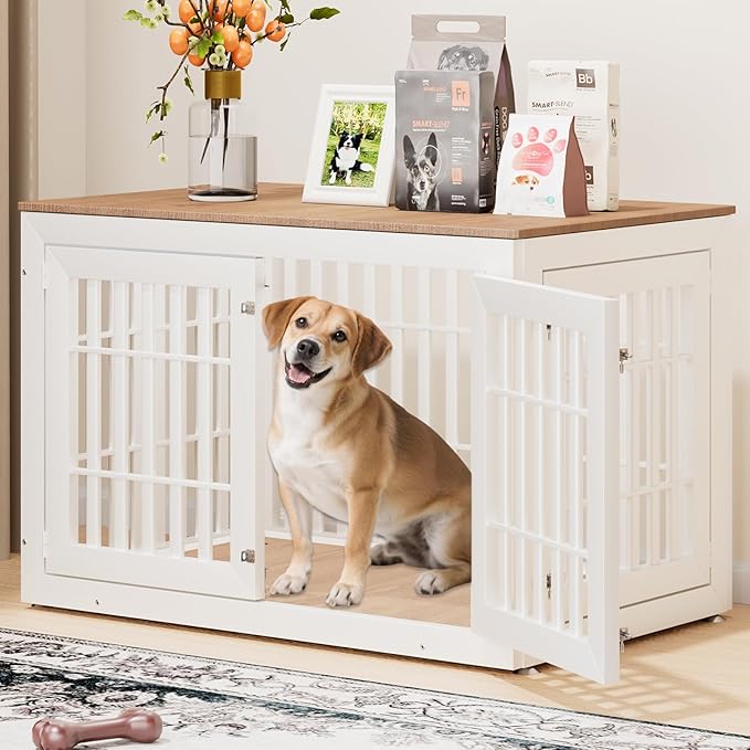 48" Heavy Duty Dog Crate Furniture for Small,Medium and Large Dogs,Rustic Wooden Dog Cage Kennel Indoor Furniture with Waterproof Top,Decorative Pet House Side End Table (White &amp; Wood)