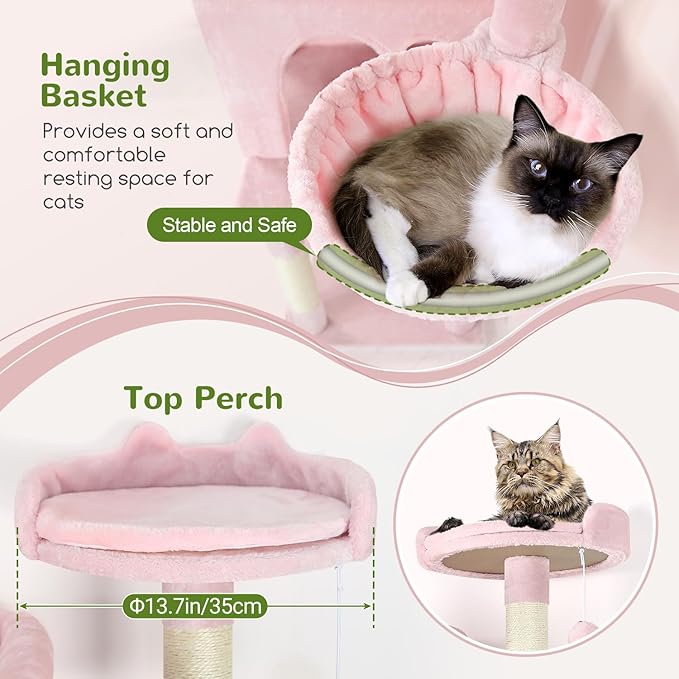 Globlazer Pink Cat Tree, 70 inch Tall Scratching Tower Multi-Level Cat Condo for Indoor Multiple Cats with 2 Large Cat Caves, Top Perch, Large Platform, Bottom Swing, F70B, Pink